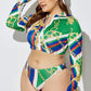Three-Piece Swimsuit High Waist Print Split Long Sleeve