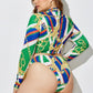 Three-Piece Swimsuit High Waist Print Split Long Sleeve