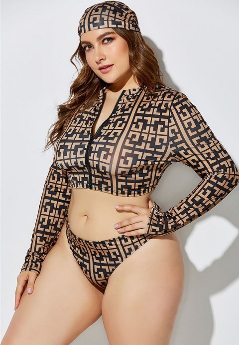 Three-Piece Swimsuit High Waist Print Split Long Sleeve Swimwear