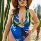 Swimsuit Print Halter Plunge Open Back Sexy One Piece