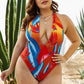 Swimsuit Print Halter Plunge Open Back Sexy One Piece