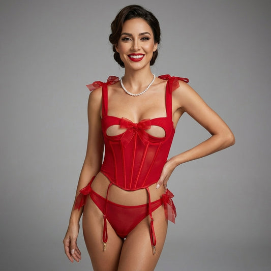 Midnight Tease Bow Corset 2 Piece Lingerie Set