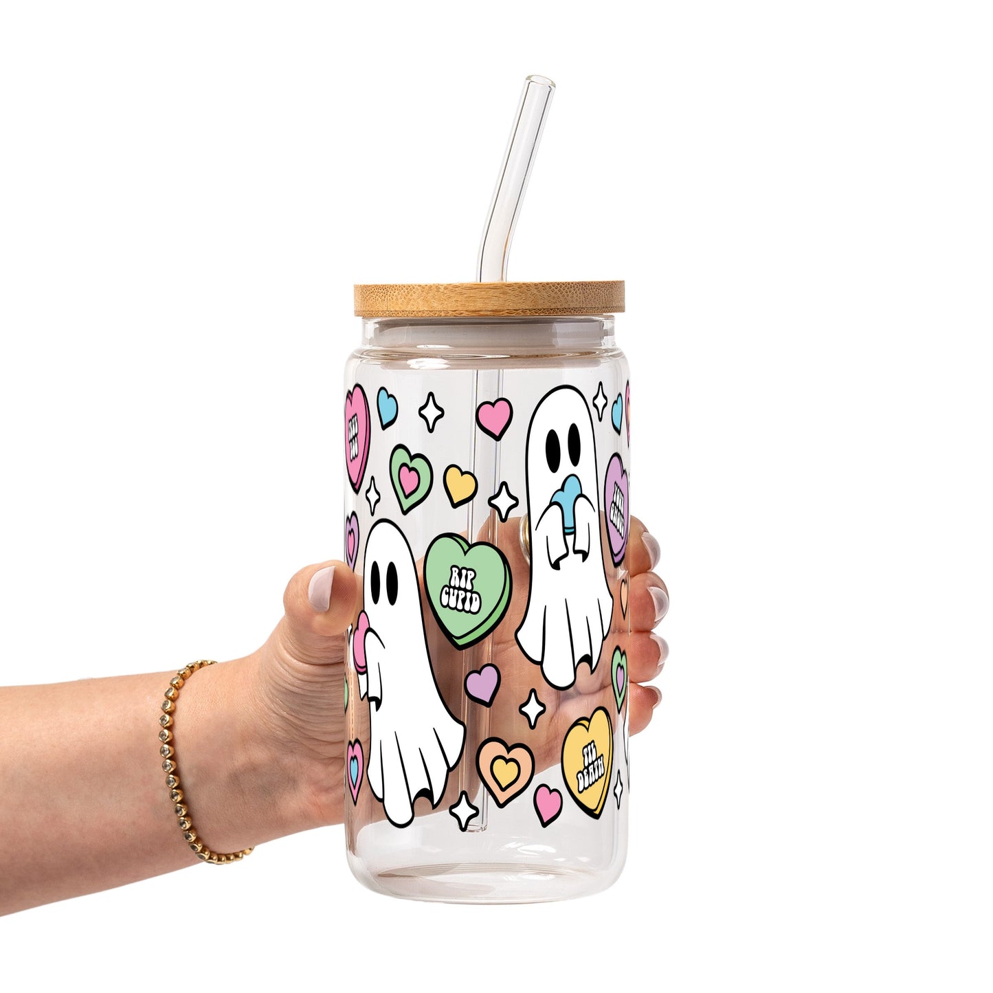Valentine's Day Candy Hearts Ghostie Glass Cup, Mug & Tumbler with Lid and Straw