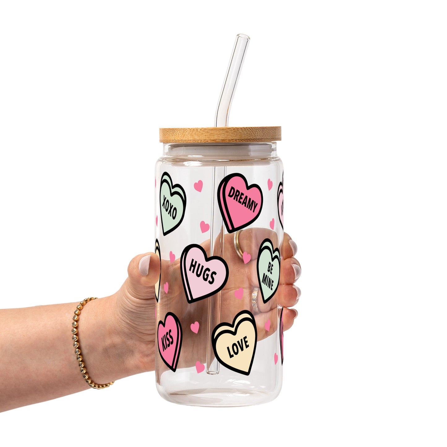 Valentines Day Candy Hearts Glass Cup, Mug & Tumbler with Lid and Straw