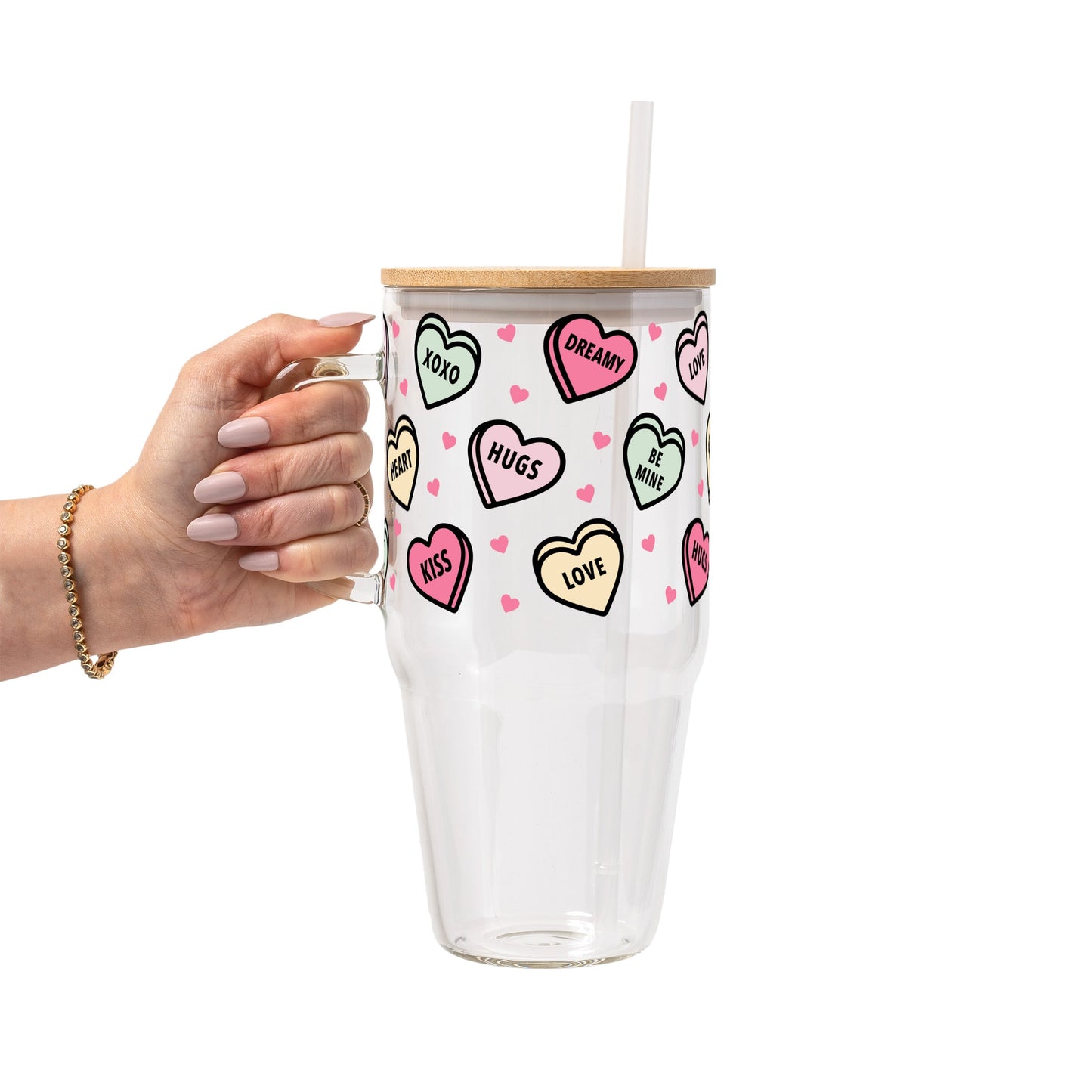 Valentines Day Candy Hearts Glass Cup, Mug & Tumbler with Lid and Straw