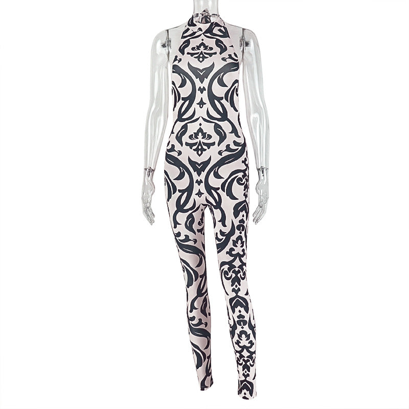 Striped Jumpsuit Sexy Halter Turtleneck Backless Print Long