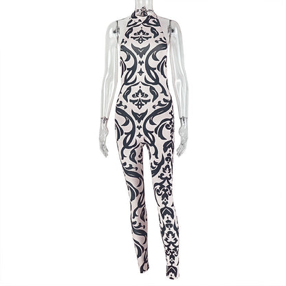 Striped Jumpsuit Sexy Halter Turtleneck Backless Print Long