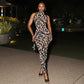 Striped Jumpsuit Sexy Halter Turtleneck Backless Print Long