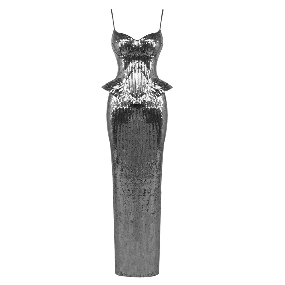 Sleeveless Sequin Sling Dress Women Backless Lace up Sexy Sheath Skirt Sets