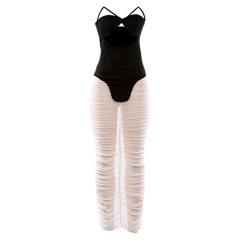 Tube Top Hollow Out Cutout out Top Solid Color Pleated Transparent Skirt Two Piece Sets