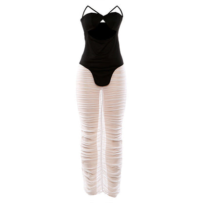Tube Top Hollow Out Cutout out Top Solid Color Pleated Transparent Skirt Two Piece Sets