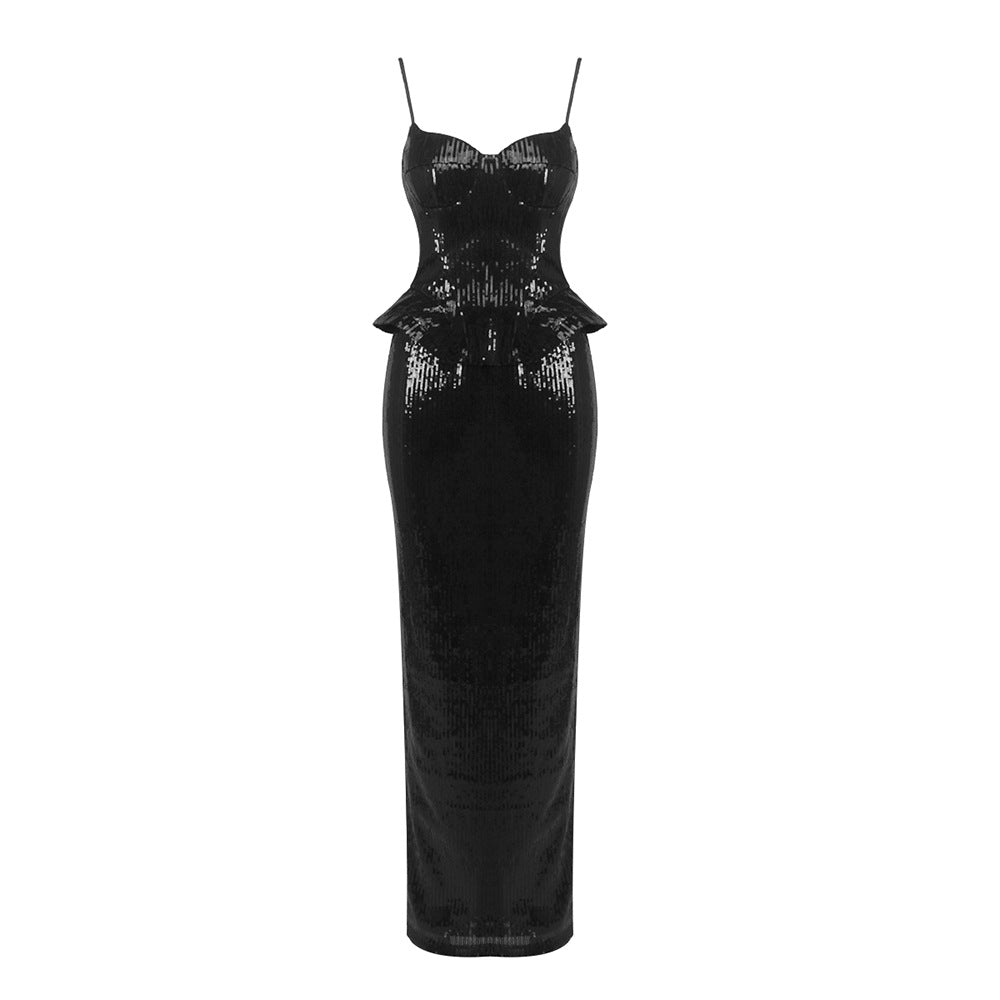 Sleeveless Sequin Sling Dress Women Backless Lace up Sexy Sheath Skirt Sets