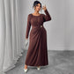 Brown round Neck Long Sleeve Waist Design Pleated Dress