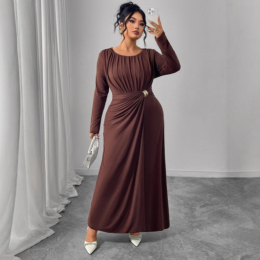 Brown round Neck Long Sleeve Waist Design Pleated Dress