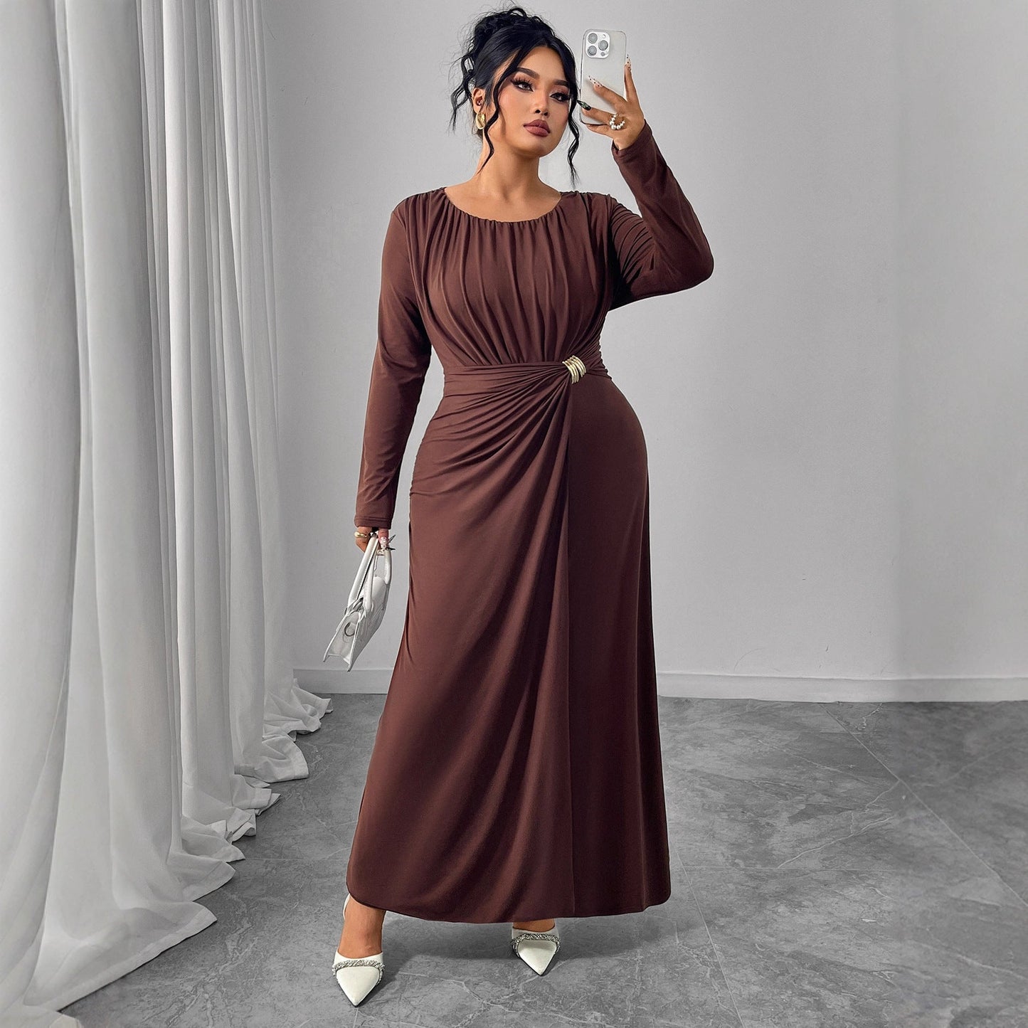 Brown round Neck Long Sleeve Waist Design Pleated Dress