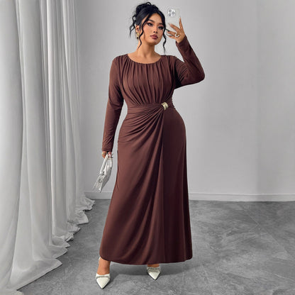 Brown round Neck Long Sleeve Waist Design Pleated Dress