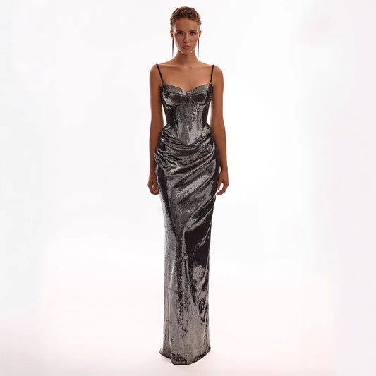 Sleeveless Sequin Sling Dress Women Backless Lace up Sexy Sheath Skirt Sets