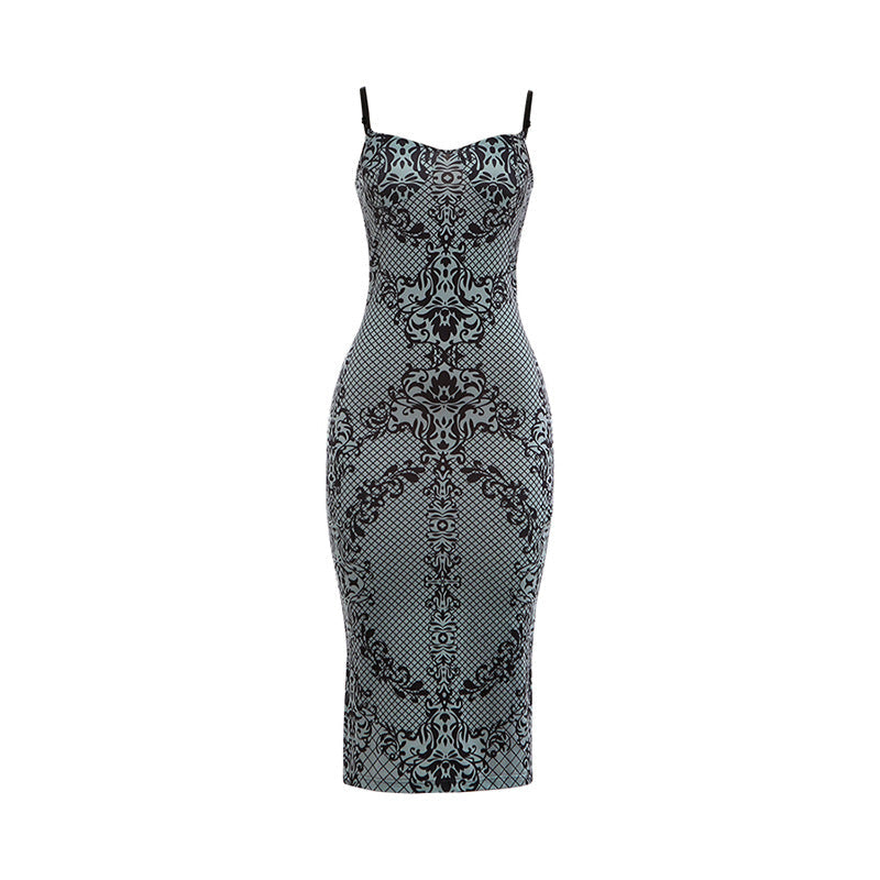 Autumn Suspenders Low Cut Backless Print Back Slit Slim Fit Sexy Dress