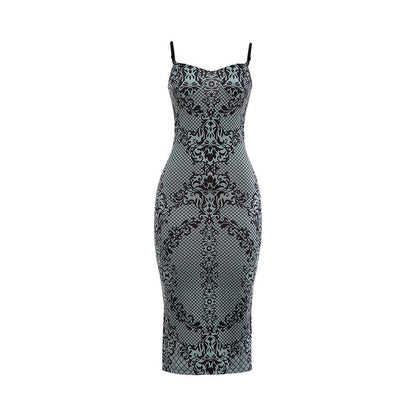 Autumn Suspenders Low Cut Backless Print Back Slit Slim Fit Sexy Dress