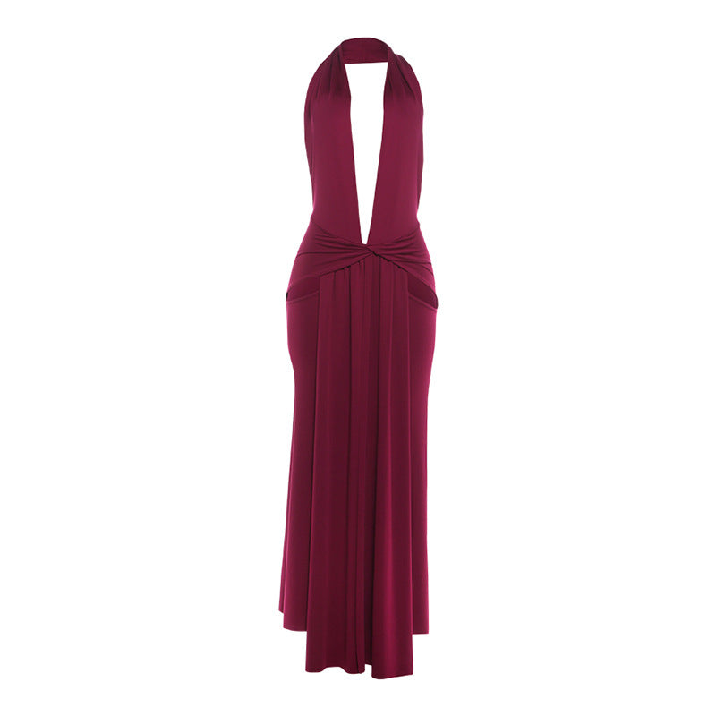 Sexy Halter Deep V Plunge neck Backless Split Solid Color Dress