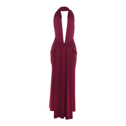 Sexy Halter Deep V Plunge neck Backless Split Solid Color Dress