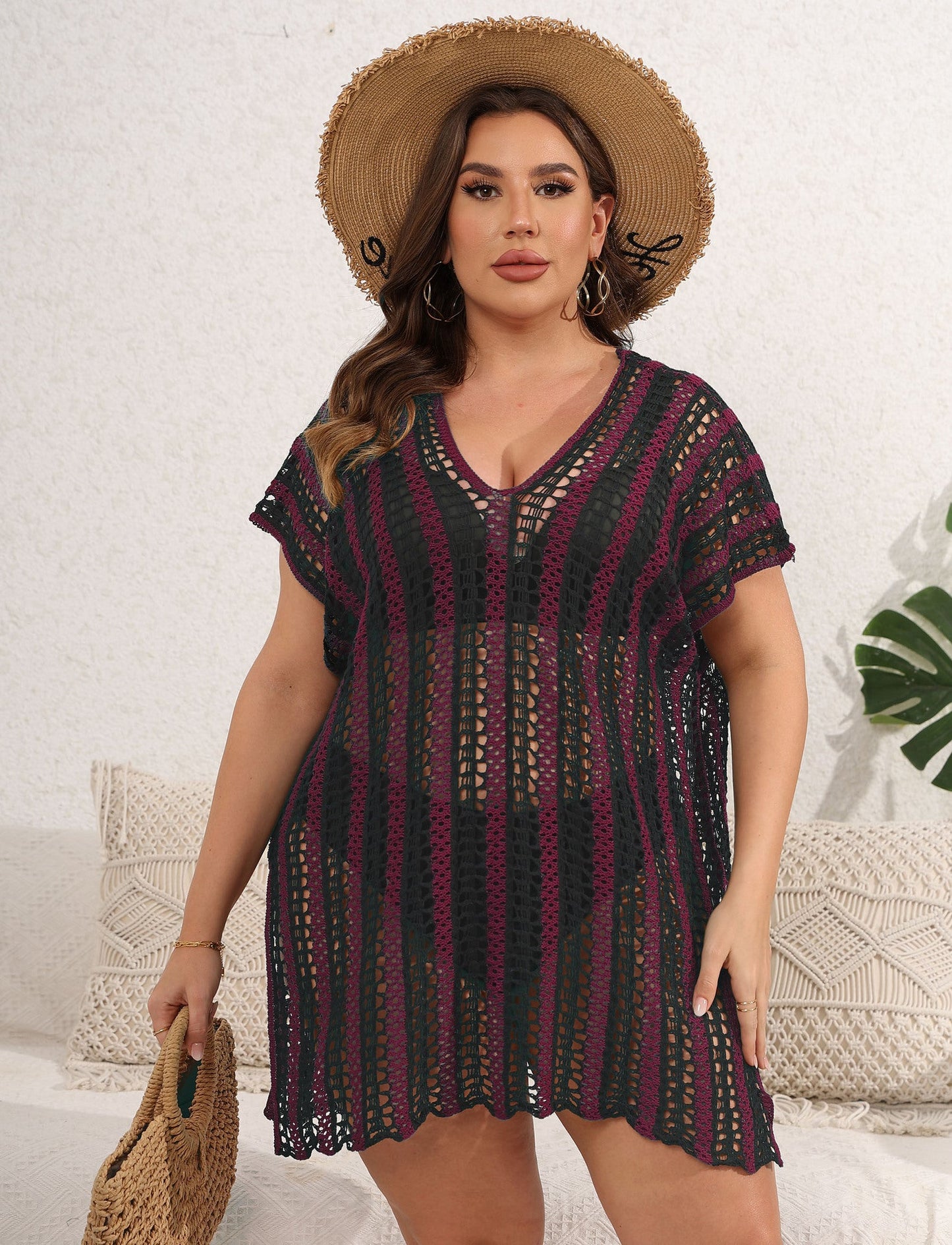 Color Contrast Patchwork Hollow Out Cover up
