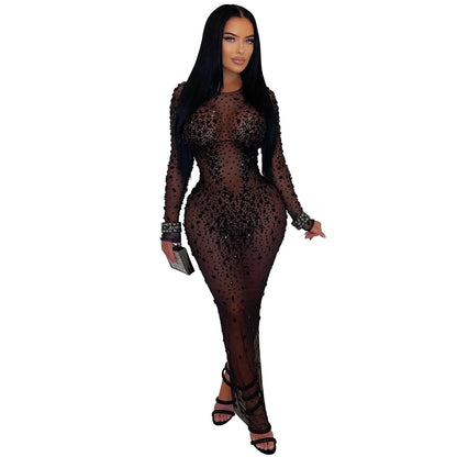 Sexy Sheer Mesh Rhinestone Sheath Dress