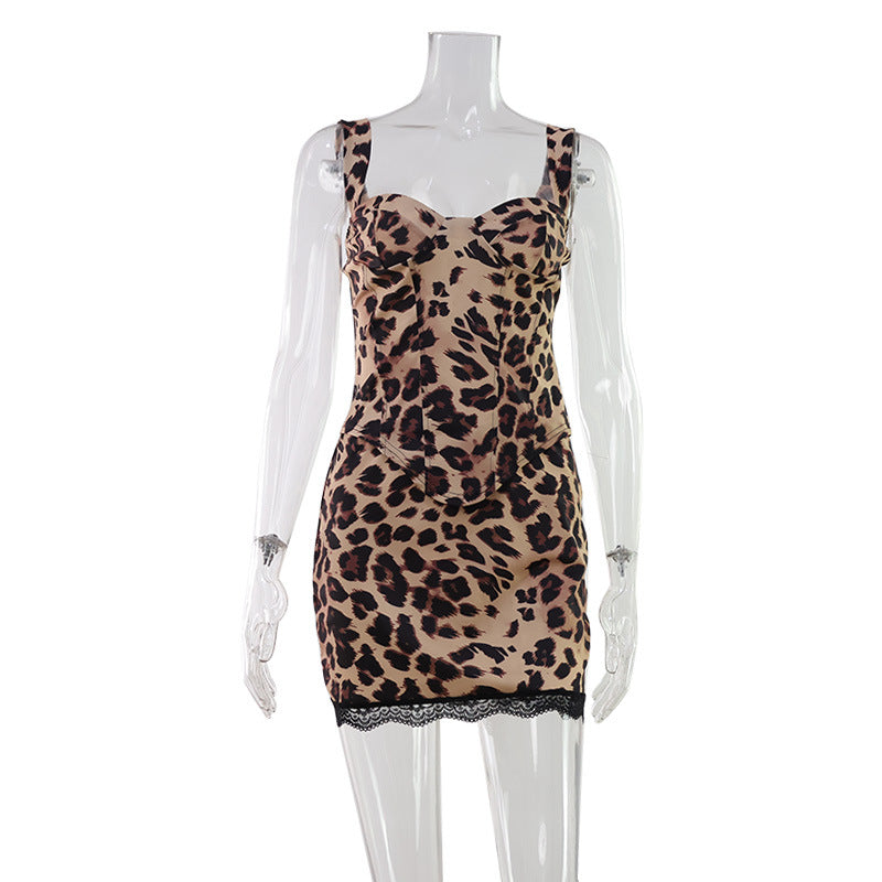 Leopard Print Printed Sexy Sleeveless Vest Hip Skirt Pure Sexy Two Piece Sets