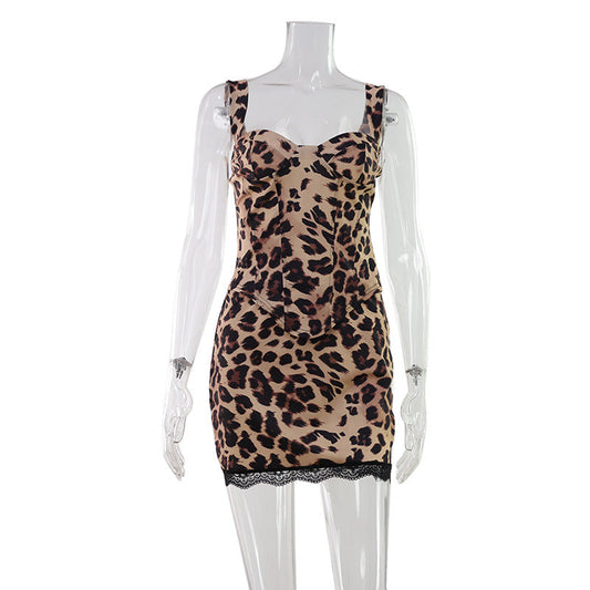 Leopard Print Printed Sexy Sleeveless Vest Hip Skirt Pure Sexy Two Piece Sets