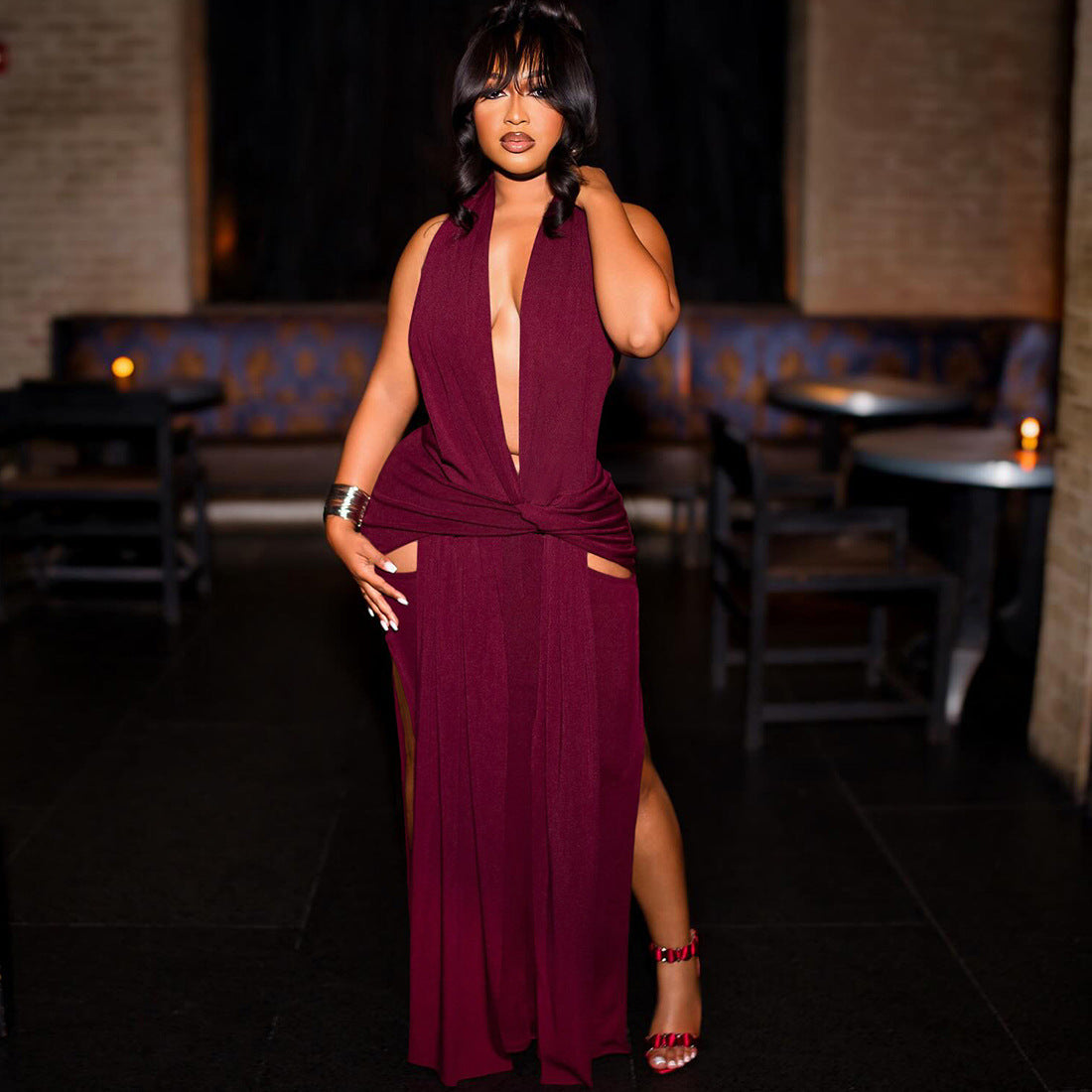 Sexy Halter Deep V Plunge neck Backless Split Solid Color Dress