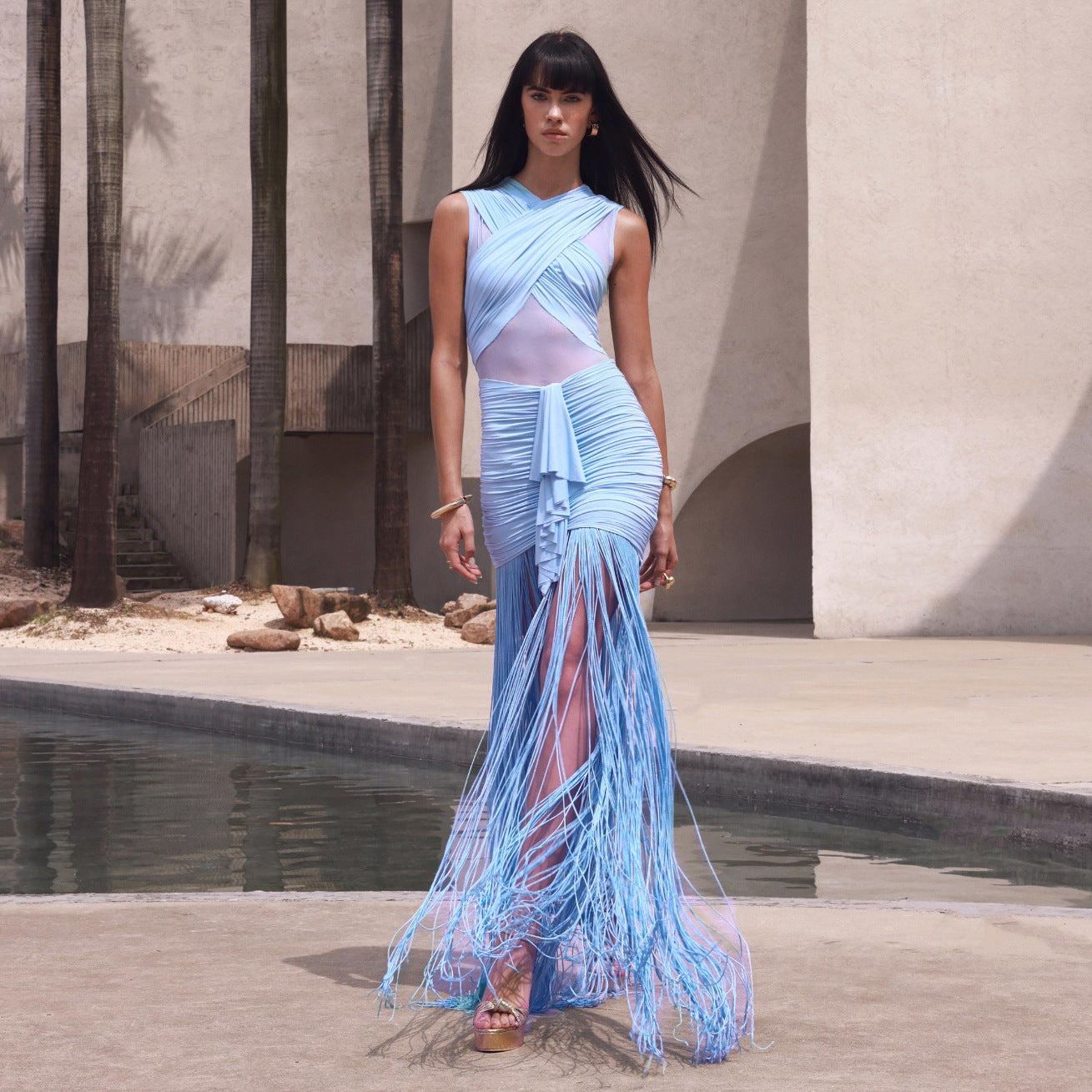 Sexy Solid Color Sling See through Mesh Pleats Cross Dress Vacation