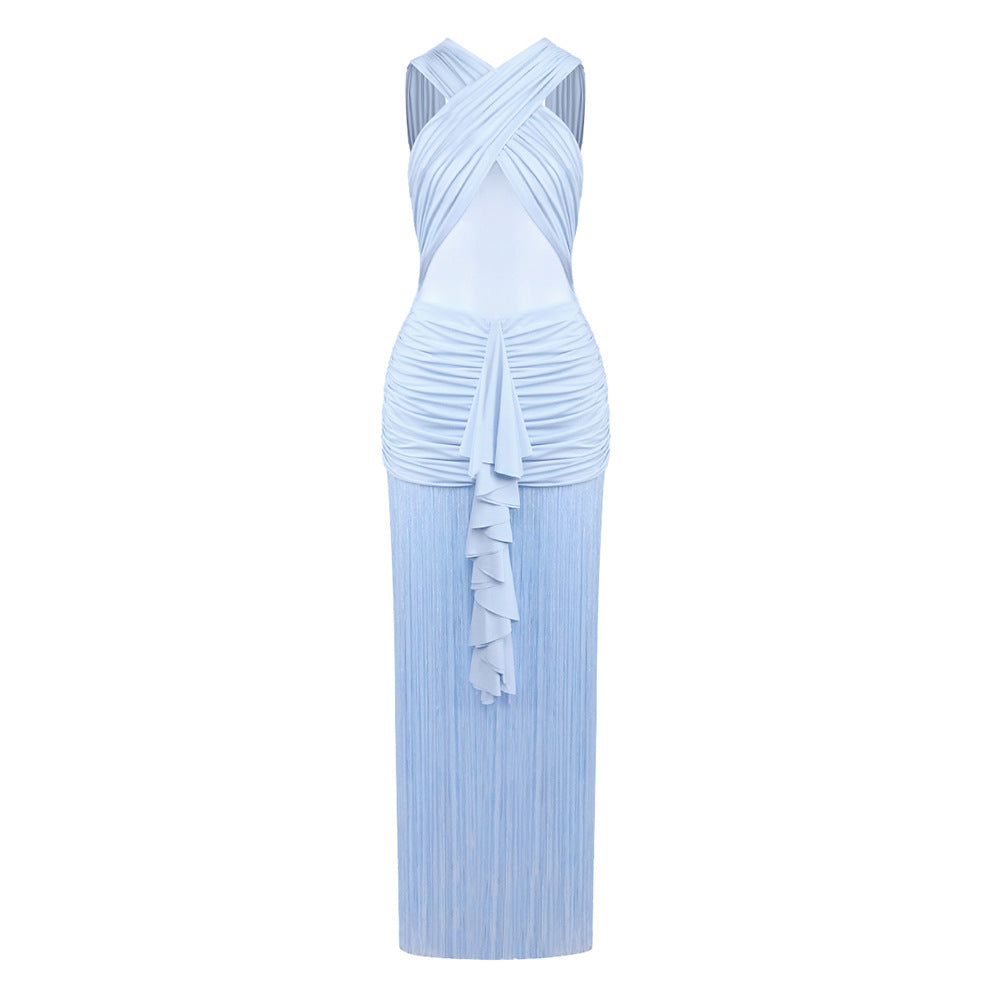 Sexy Solid Color Sling See through Mesh Pleats Cross Dress Vacation