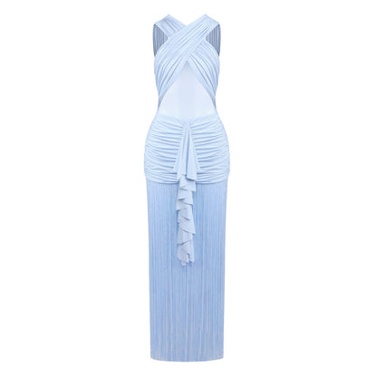 Sexy Solid Color Sling See through Mesh Pleats Cross Dress Vacation