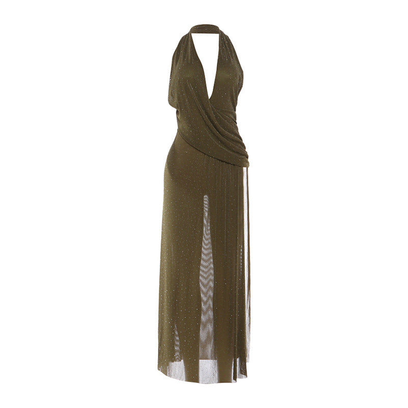 Deep V Plunge neck Split Halter Sexy Backless Elegant Dress