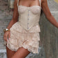 Sexy Leather Bra Strap Lace Stitching Puffy Tiered Dress Summer Set