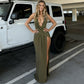 Deep V Plunge neck Split Halter Sexy Backless Elegant Dress