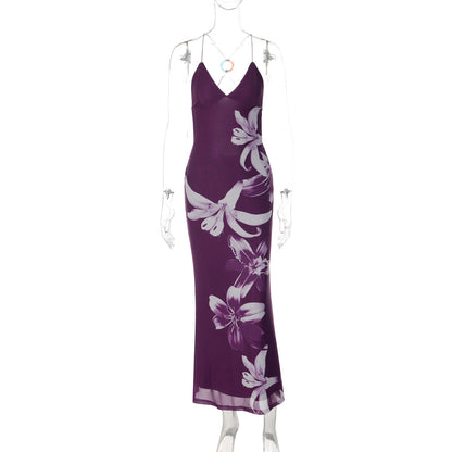 Deep V Plunge neck Mesh Floral Print Backless Strap Dress