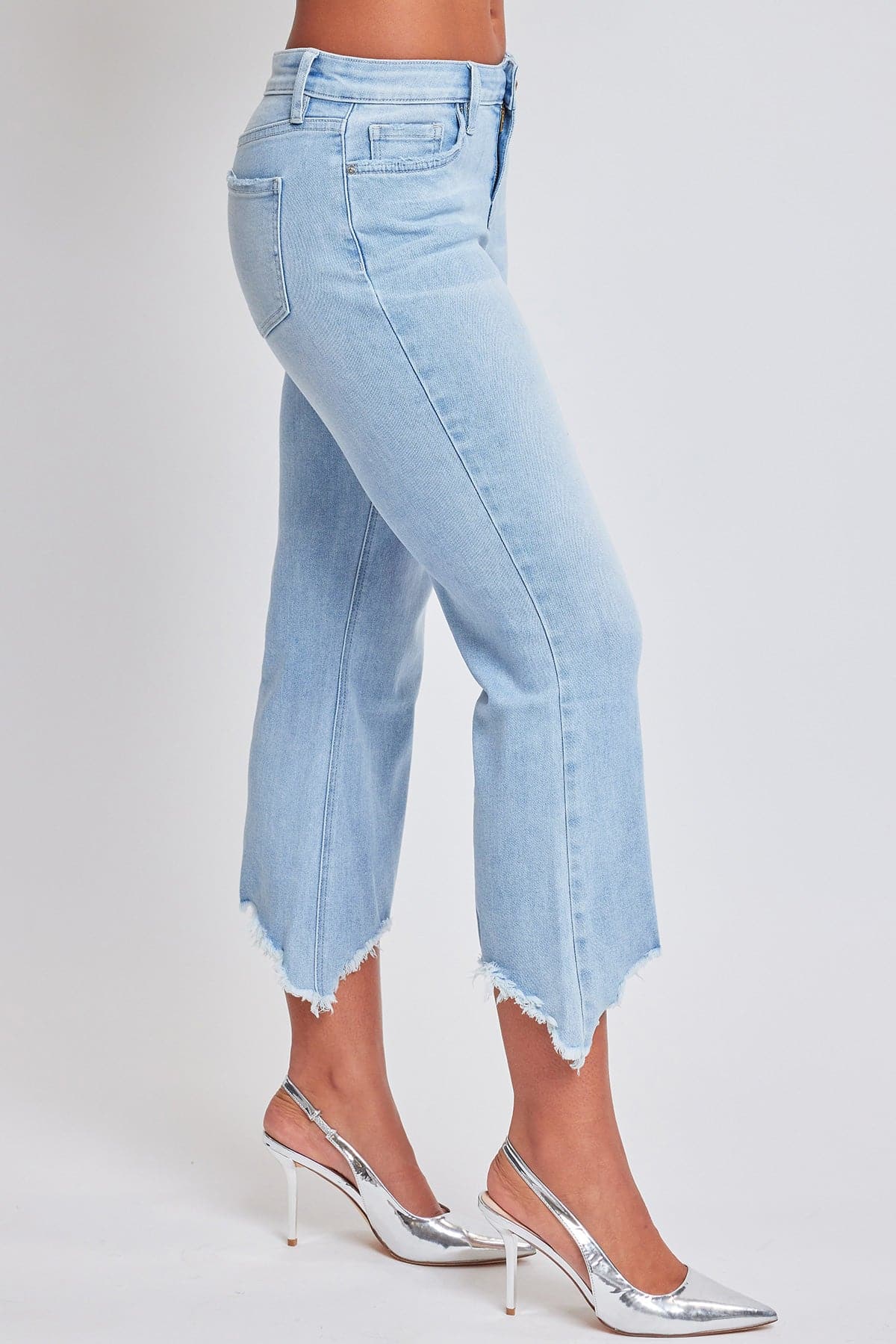 Mid Rise Kick Flare Fray Hem Cropped Jeans