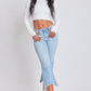 Mid Rise Kick Flare Fray Hem Cropped Jeans