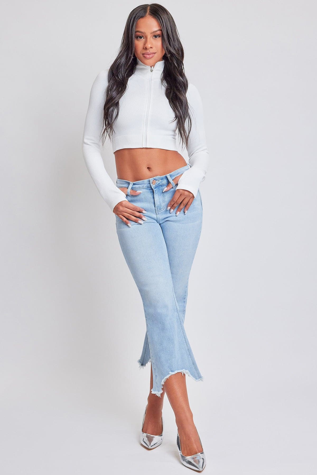 Mid Rise Kick Flare Fray Hem Cropped Jeans