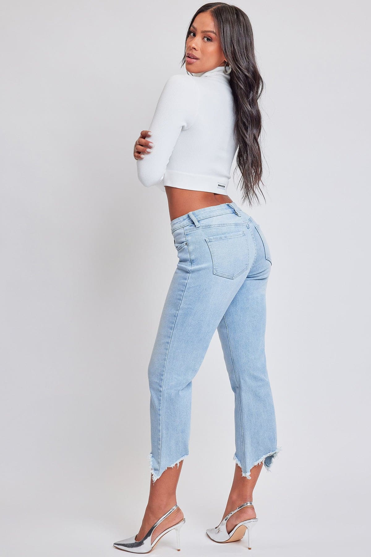 Mid Rise Kick Flare Fray Hem Cropped Jeans