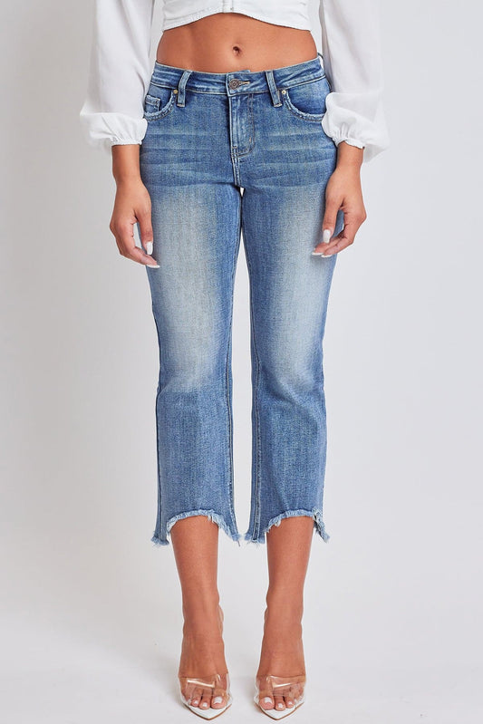 Mid Rise Kick Flare Fray Hem Cropped Jeans