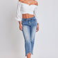 Mid Rise Kick Flare Fray Hem Cropped Jeans