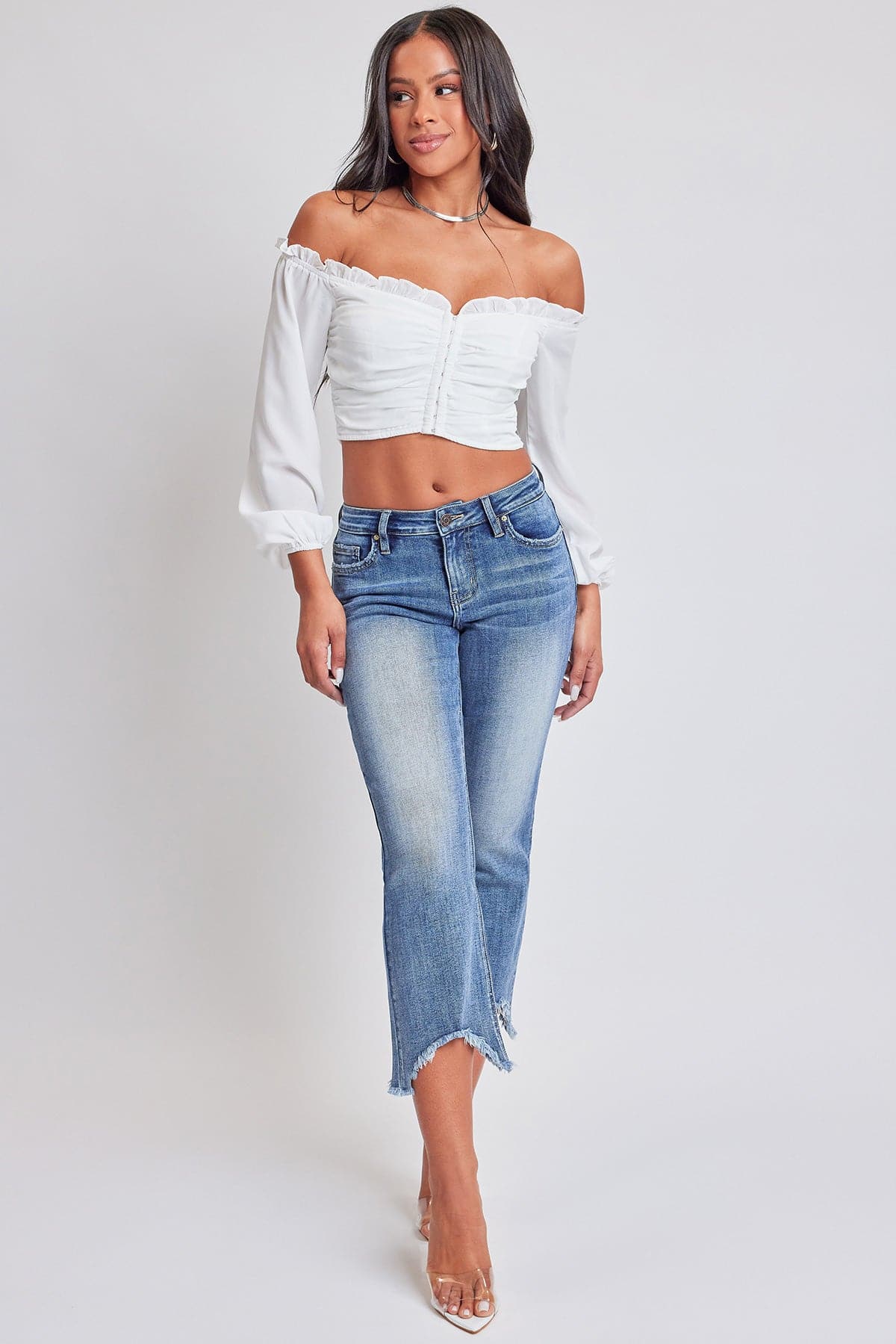 Mid Rise Kick Flare Fray Hem Cropped Jeans