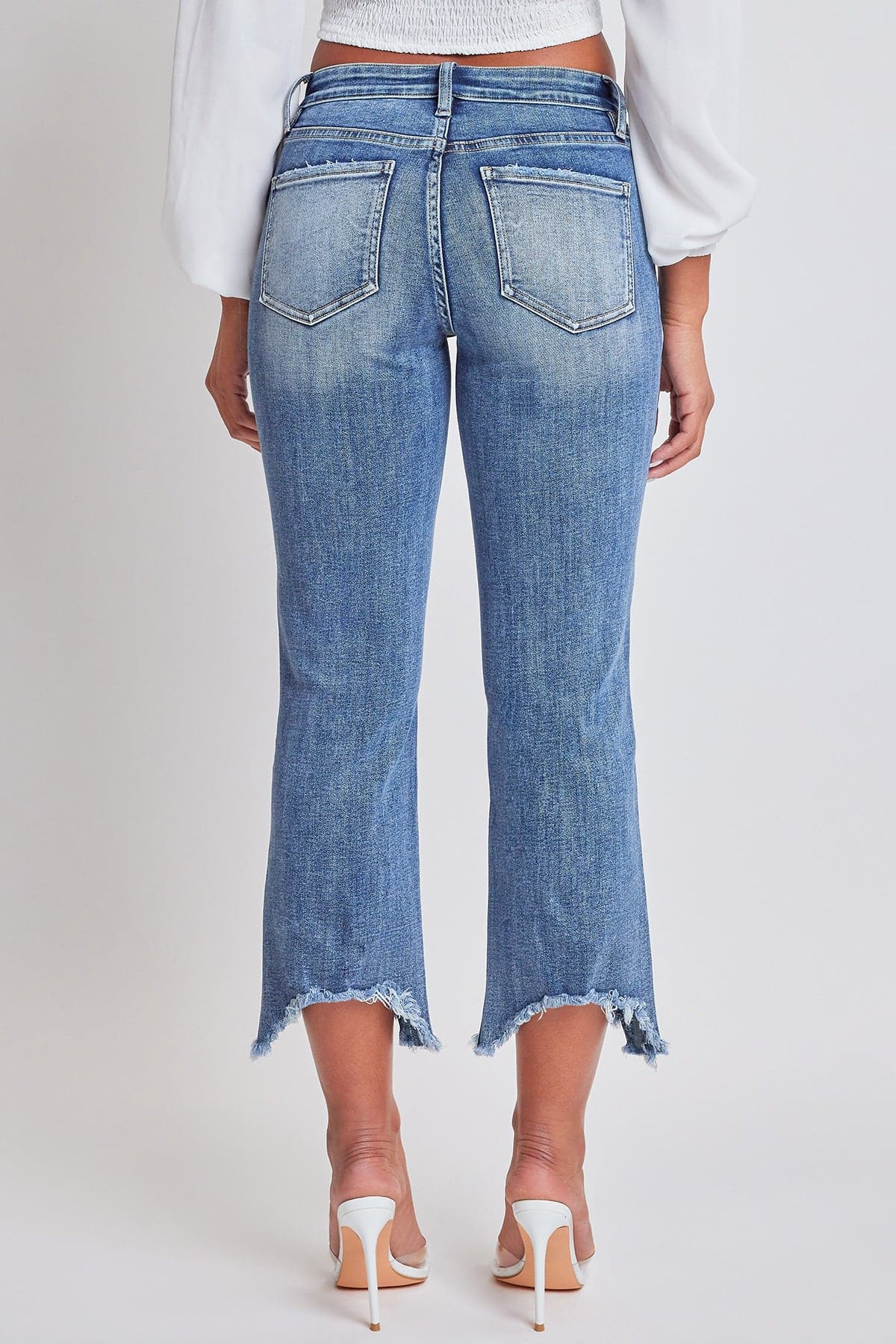 Mid Rise Kick Flare Fray Hem Cropped Jeans