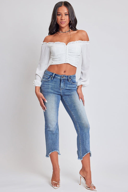 Mid Rise Kick Flare Fray Hem Cropped Jeans