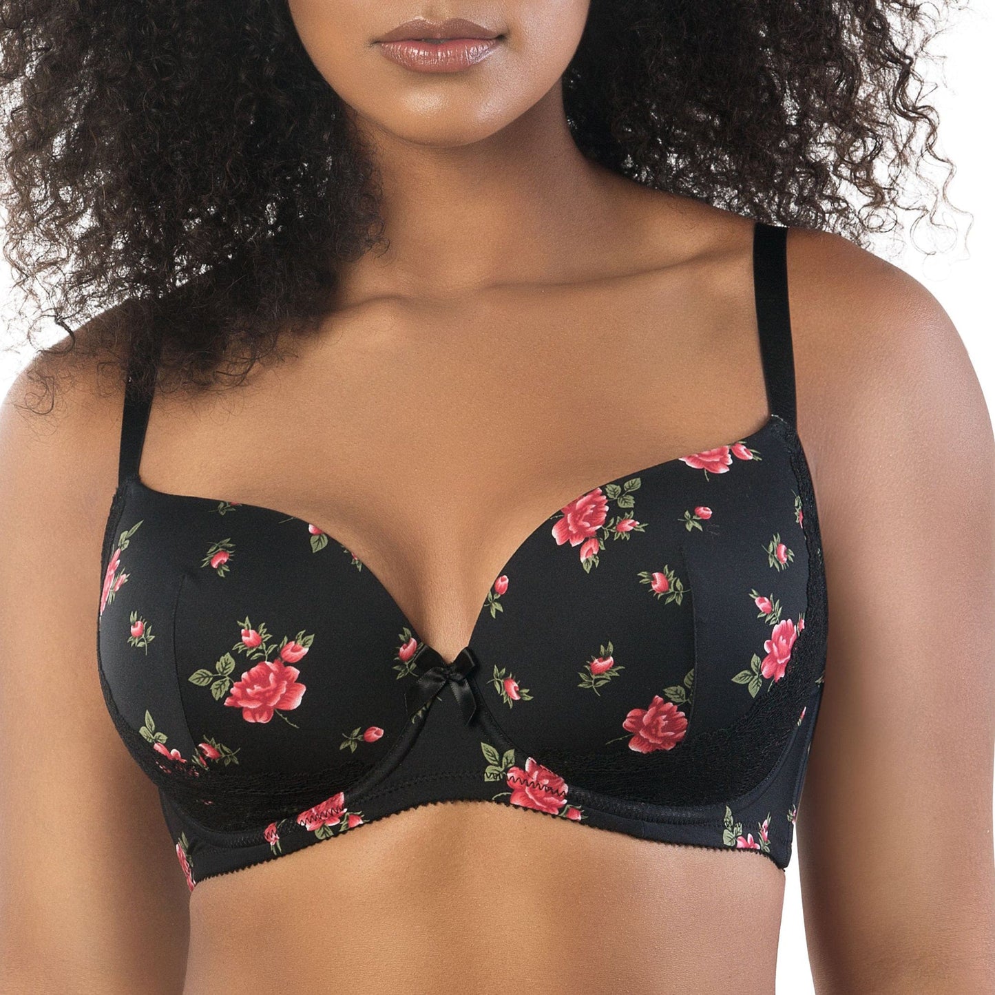 Casey Wired Padded Plunge Seamless T-shirt Bra - Black w/ Rose Print