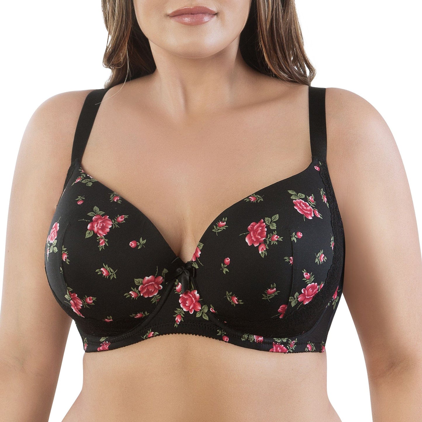 Casey Wired Padded Plunge Seamless T-shirt Bra - Black w/ Rose Print