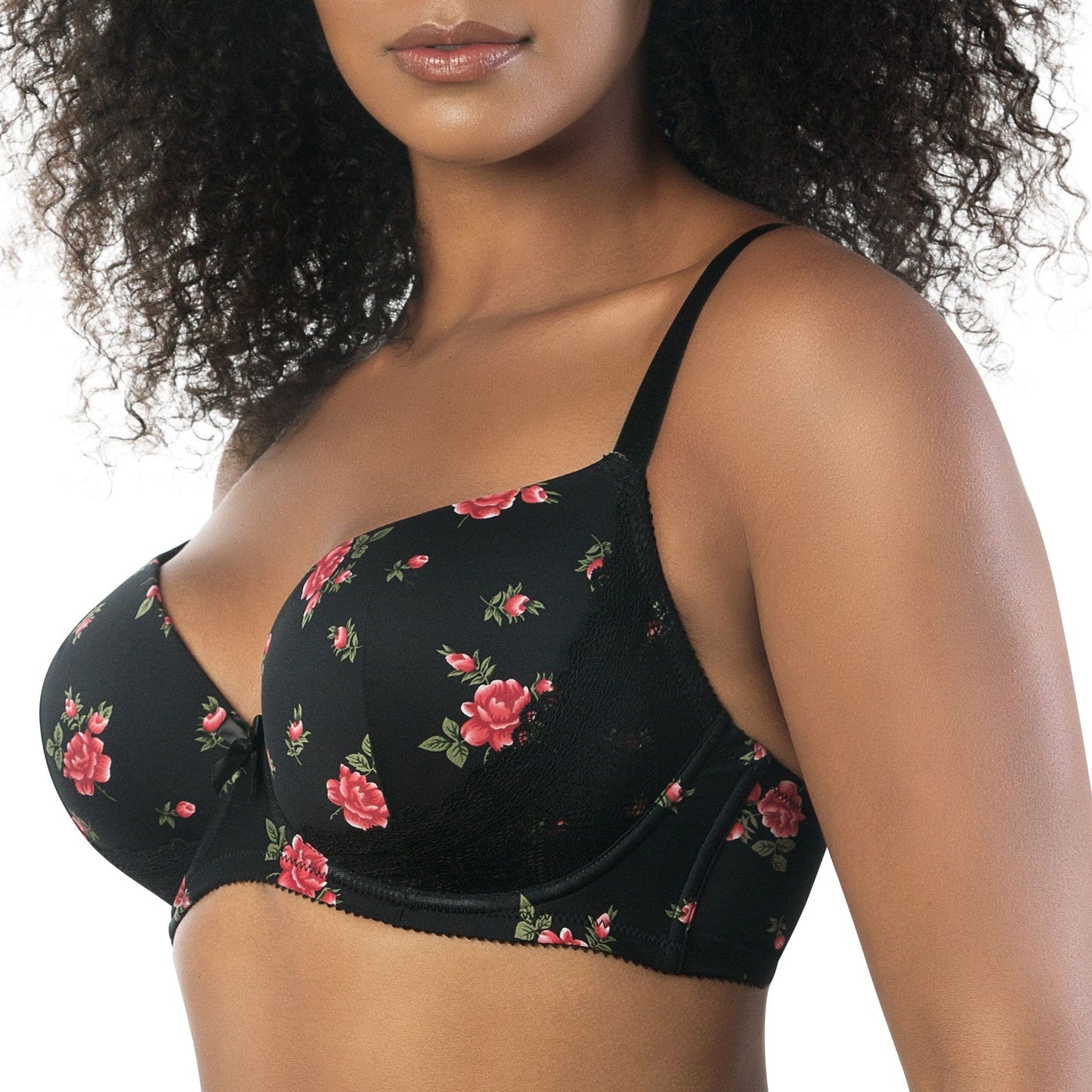 Casey Wired Padded Plunge Seamless T-shirt Bra - Black w/ Rose Print