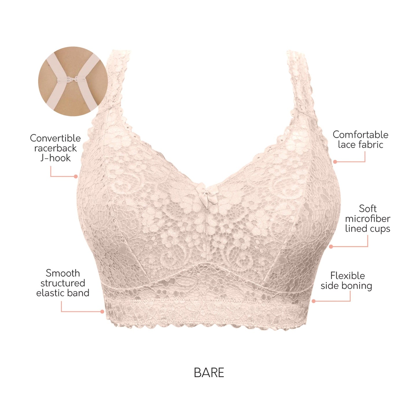 Adriana Curvy and Full Bust Supportive Wire-free Lace Bra  - Bare